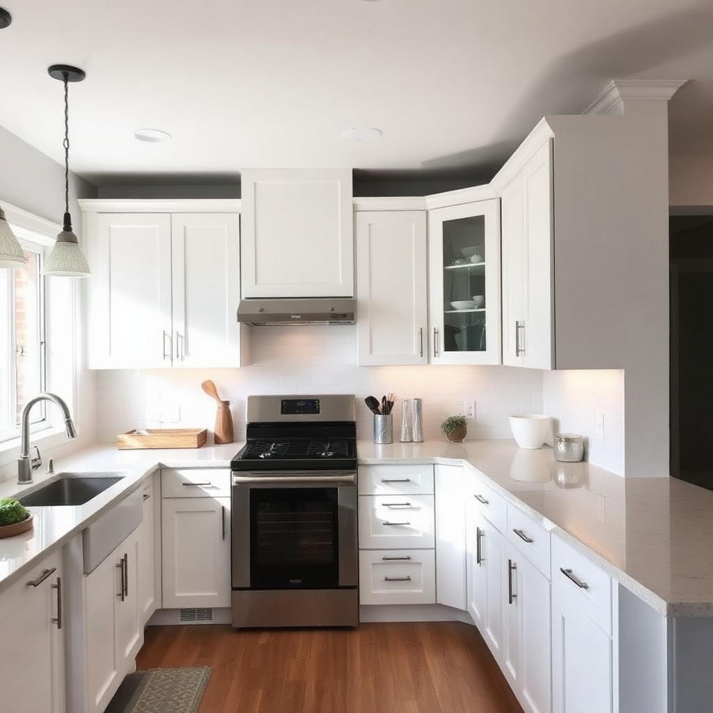 Completed kitchen remodel with white cabinets and quartz countertops