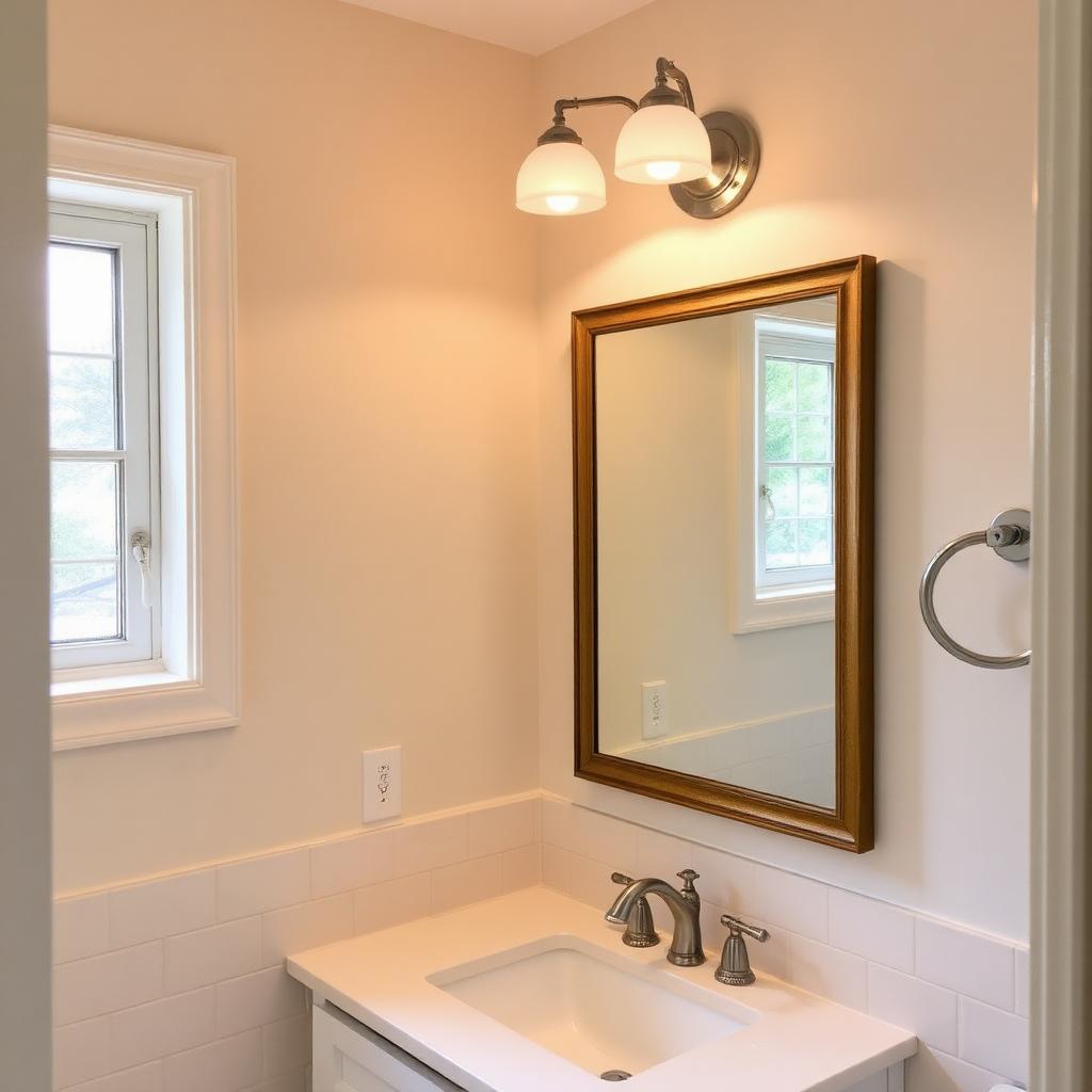 Updated bathroom vanity with new mirror and light fixture