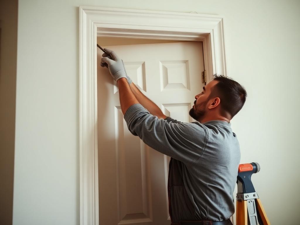 Handyman repairing an interior door and trim in a Seattle home
