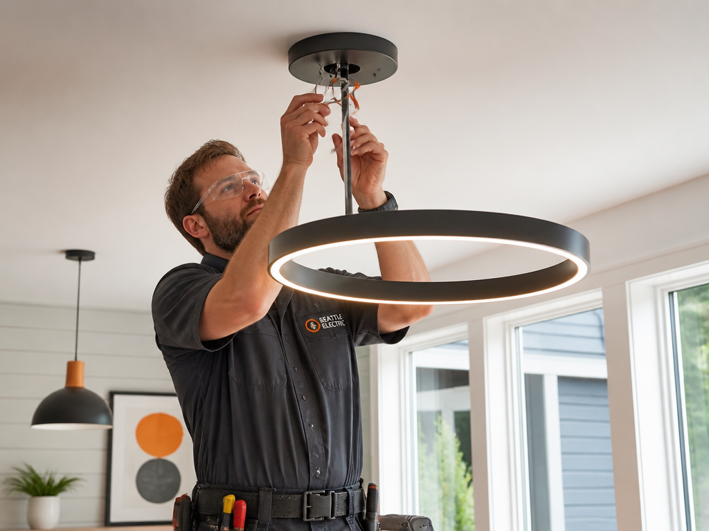 Electrician installing a modern ceiling light fixture in a Seattle home