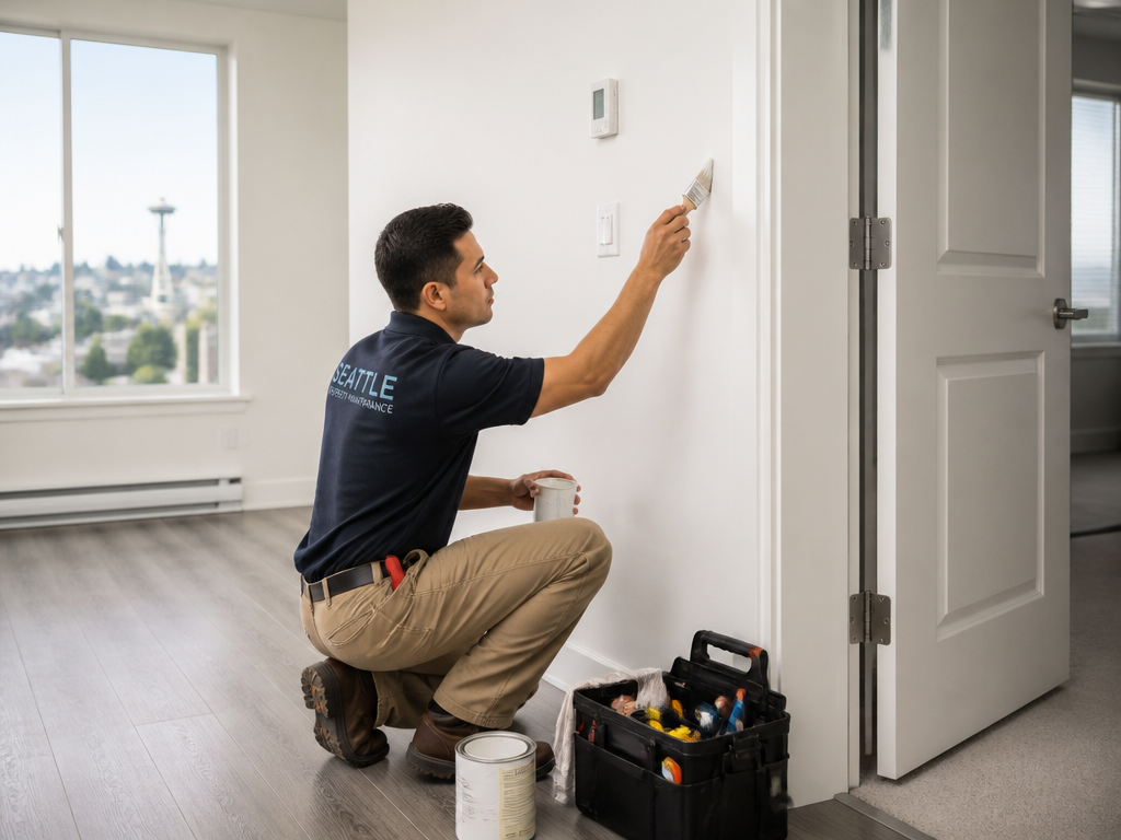 Property maintenance technician doing touch-up painting in a rental unit
